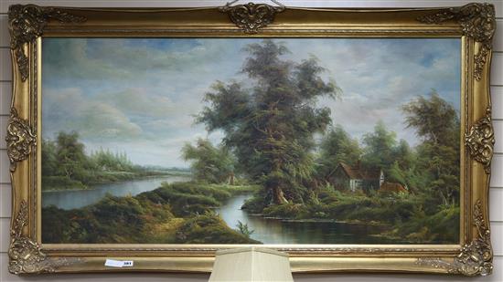 Continental School oil on canvas river landscape 60 x 120cm.